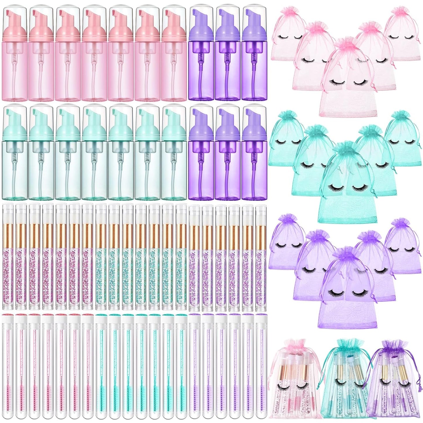 Zhehao 80 Pcs Lash Shampoo Bottle Brushes Kit 20 Foam Pump Dispensers 20 Lash Shampoo Brushes 20 Eyelash Aftercare Bag 20 Cleaning Pipes, Eyelash Extension Supplies (Mixed Colors)-GlimoraGlow