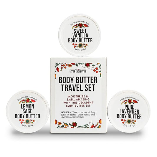 Body Butter Variety Pack | with Organic Shea Butter and Jojoba Oil | Lemon Sage, Lavender, Sweet Vanilla | Body Butter Minis | Trio of Travel Size Lotion | 3 x 2oz Jars-GlimoraGlow