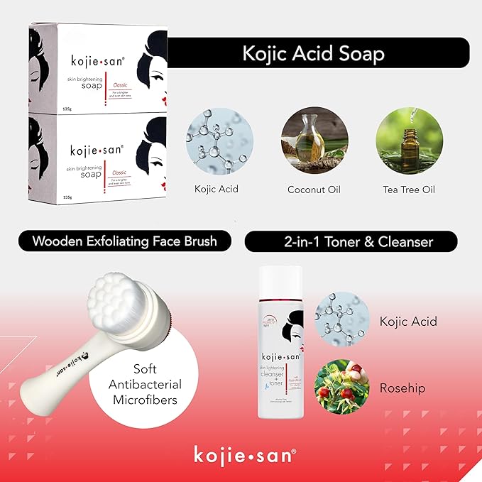 Kojie San Face & Body Shower Set - The Original Kojic Acid Soap that Reduces Visibility of Dark Spots, Hyperpigmentation, and Other types of Skin Damage – 135g x 2 Bars with Lotion, Cream and Toner-GlimoraGlow
