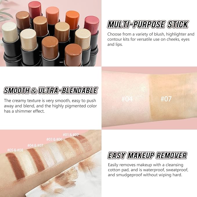 2 Pcs Cream Contour Stick Makeup Kit, Cream Highlighter Stick & Contour Bronzer Stick for Cheeks, Lightweight Blendable Smooth -Highlighter & Bronzer (#04 Light Rose Gold #07 Coffee)-GlimoraGlow