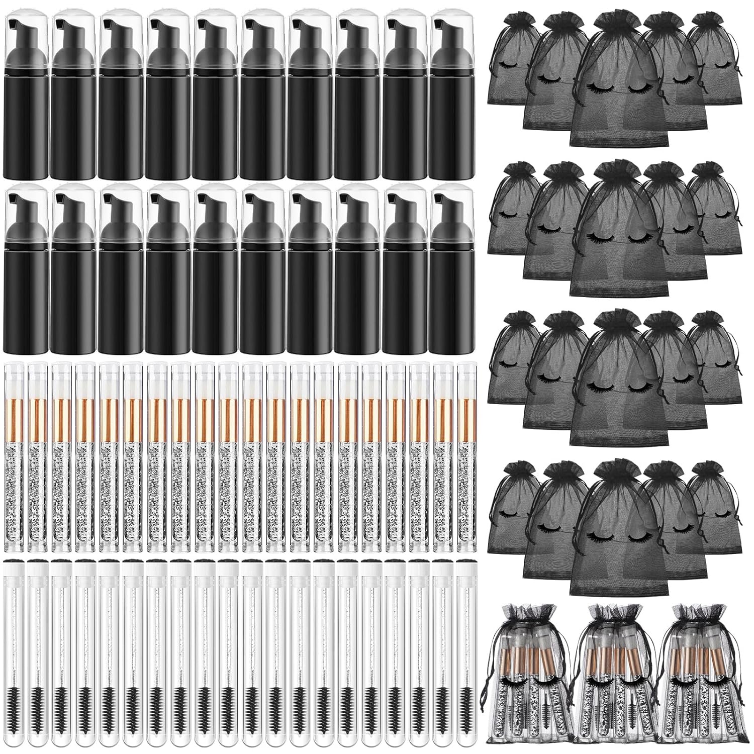 Zhehao 80 Pcs Lash Shampoo Bottle Brushes Kit 20 Foam Pump Dispensers 20 Lash Shampoo Brushes 20 Eyelash Aftercare Bag 20 Cleaning Pipes, Eyelash Extension Supplies(Black)-GlimoraGlow