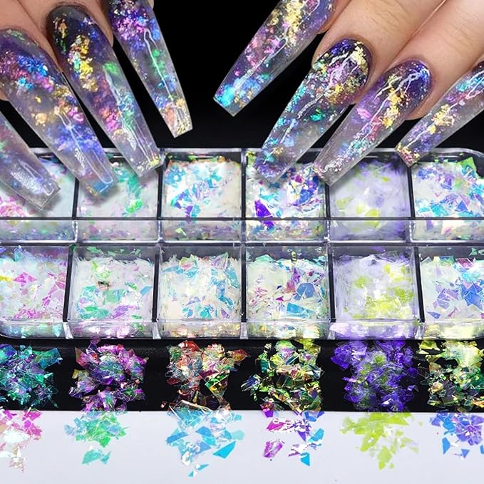 12 Colors Holographic Nail Art Glitter Sequins Aurora Holographic Mermaid Nail Glitter Flash Ice Residue Nail Glitter Sequin Chameleon Flakes Set Fluorescent Glass Paper for Face Body DIY Decoration-GlimoraGlow