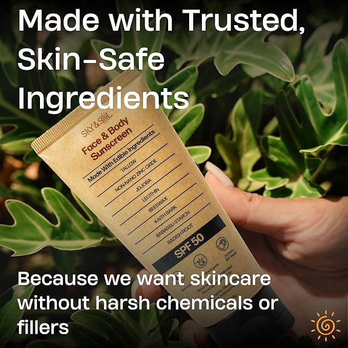 Mineral Sunscreen SPF 50 | With Grass-Fed Tallow & Zinc Oxide | Non-Greasy Formula for Face & Body | Made Without Reef-Harming UV Filters | 3 oz (85 g)-GlimoraGlow