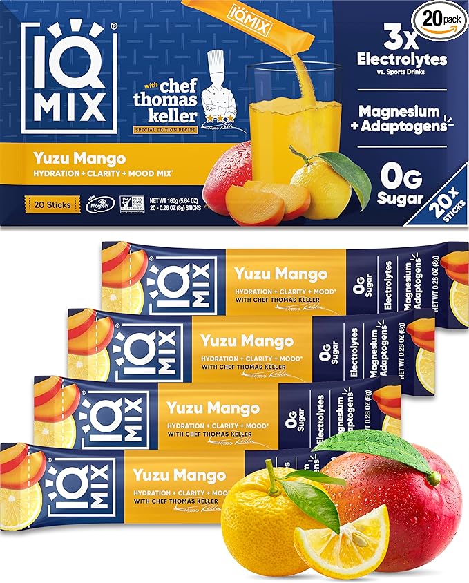 IQMIX x Chef Thomas Keller - Hydration Electrolyte Powder – 4-in-1 Formula for Hydration, Mental Clarity, Mood and Recovery – Sugar-Free, Keto, Magnesium L-Threonate, Lion’s Mane – 20 Count Yuzu Mango-GlimoraGlow