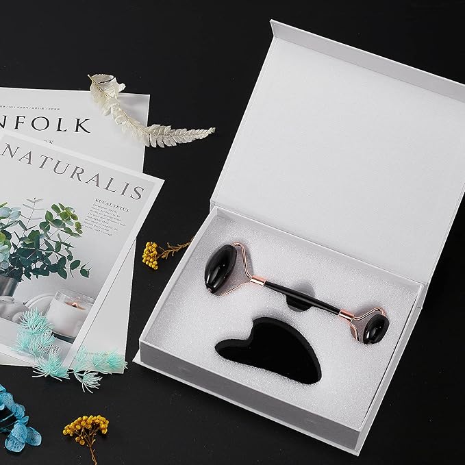 Jade Roller for Face, Facial Roller Massager Skin Care Tool, Gua Sha Facial Tools for Face, Neck, Eyes, Reduce Puffiness of The Skin (Black)-GlimoraGlow