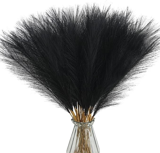 50pcs Faux Pampas Grass, 21.6" Short Artificial Pompous Grass Floral Fake Pompas Grass Branches Vase Filler Flower Arrangement for Home Wedding Boho Decor, Black