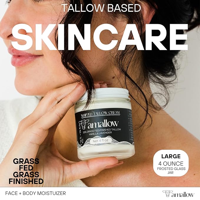 Amallow 100% Grass Fed Beef Tallow for Skin Care - Face + Body - Whipped Moisturizer - Natural Lotion, 4 FL. oz. (Vanilla Lavender)-GlimoraGlow