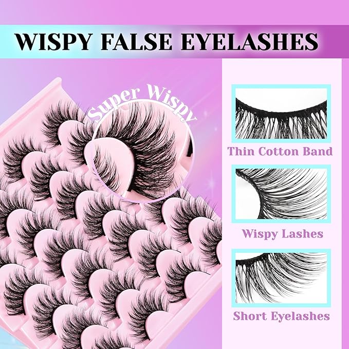Losha Lashes Wispy False Eyelashes Natural Cat Eye Lashes Kit with Lash Glue and Lash Tweezers 14 Pairs Short Fake Eyelashes Soft Thin Faux Mink Lashes Pack (Lighter)-GlimoraGlow