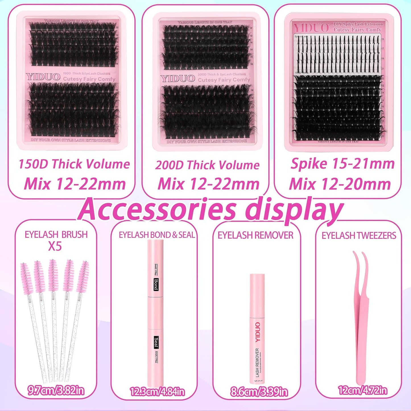 575Pcs Bulk Pack Lashes Clusters Kit with Glue and Removers, D Curl Volume 150D+200D+Spiky Lashes Clusters, 12-21mm Manga Extension Eyelashes DIY Individual False Eyelash Wholesale Pack-GlimoraGlow