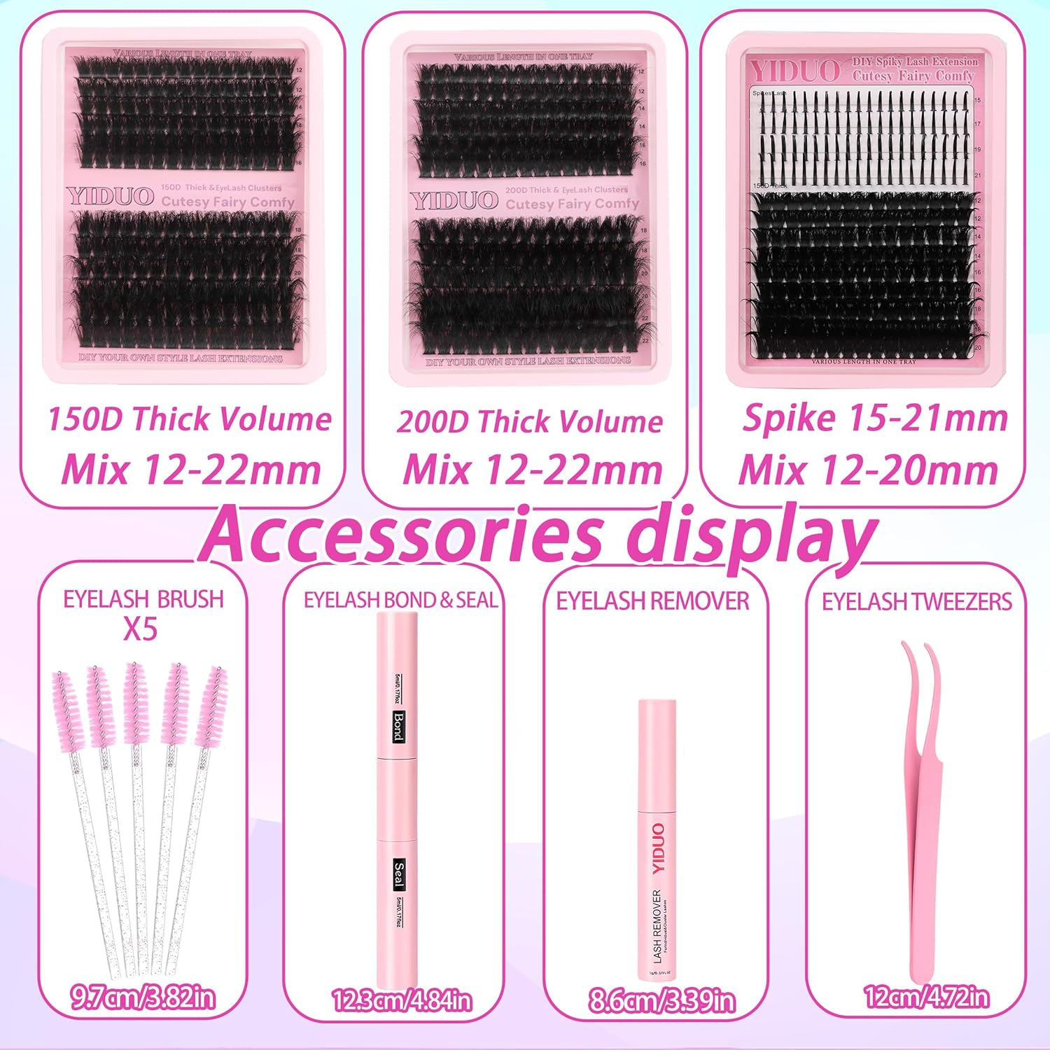 575Pcs Bulk Pack Lashes Clusters Kit with Glue and Removers, D Curl Volume 150D+200D+Spiky Lashes Clusters, 12-21mm Manga Extension Eyelashes DIY Individual False Eyelash Wholesale Pack-GlimoraGlow