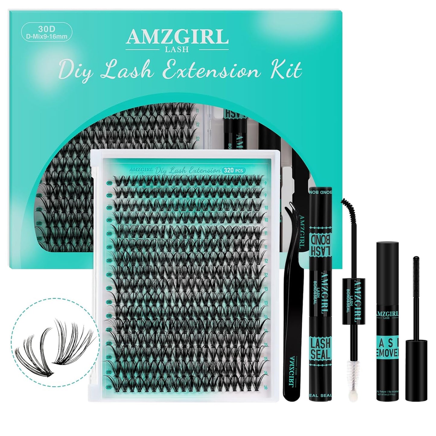 Lash Extension Kit 320Pcs,DIY Individual Lashes Clusters Kit,Lash Bond And Seal,Lash Remover For Eyelashes Extensions,Lash Applicator Tool For False Eyelash Cluster Kit At Home(30D,D-Mix9-16mm Kit)-GlimoraGlow