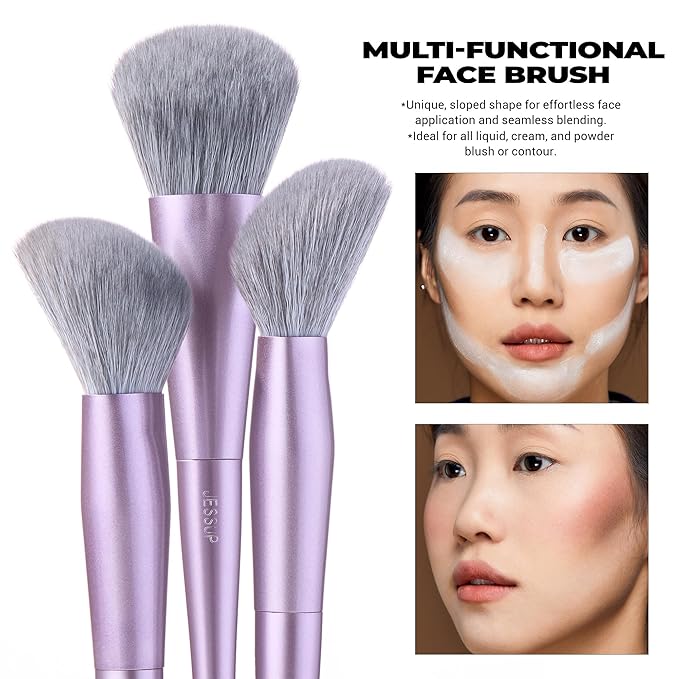 Jessup Face Makeup Brush Set 3 pcs, Ultra-Soft Dense Makeup Brushes for Foundation Contour Powder and Blush, Premium Synthetic Fiber, Luxury Purple T513-GlimoraGlow