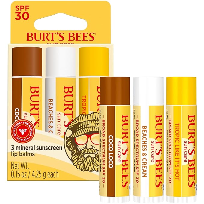Burt’s Bees SPF 30 Lip Balm Mothers Day Gifts for Mom, Island Getaway - Coco Loco, Beaches & Cream, Tropic Like It's Hot, Water-Resistant Sun Care, Natural Origin Lip Treatment, 3 Tubes, 0.15 oz-GlimoraGlow