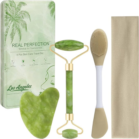 Real Perfection Gua Sha Facial Tools Face Roller for Wrinkles Jade Roller and Gua Sha Set, Scrubber Pore Brush Headband Skin Care Tools for Travel Skincare Routine Massaging Reducing Puffiness - Green-GlimoraGlow