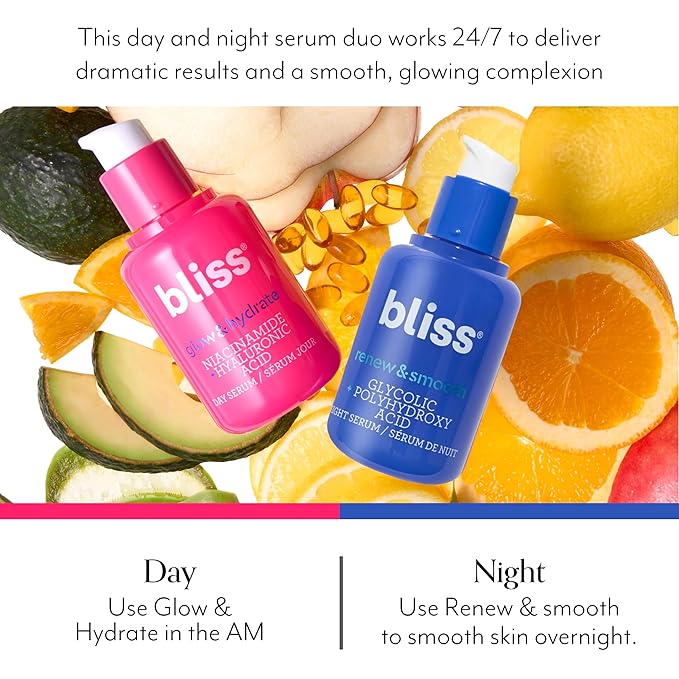 Bliss Glycolic + Polyhydroxy Acid Renew & Smooth - Night Serum - Gently Exfoliate Skin - Hydrating Squalane - Vegan & Cruelty-Free - 1 Fl Oz-GlimoraGlow