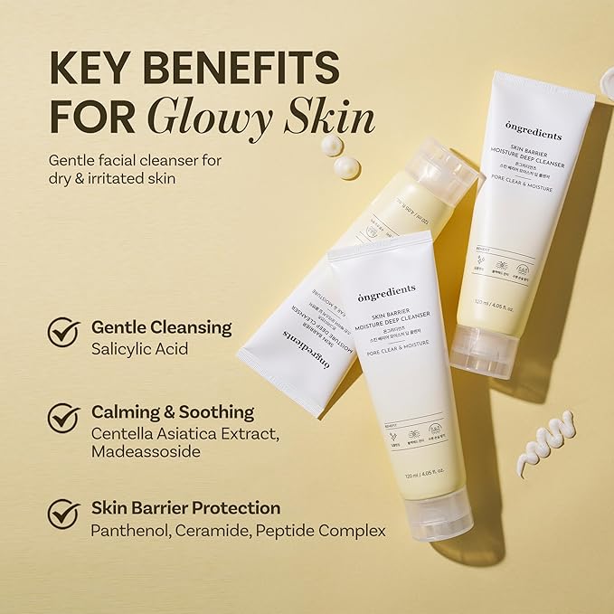 ONGREDIENTS Skin Barrier Moisture Deep Cleanser | Daily Face Wash for All Types | Centella, Peptide, AHA, LHA, Hydrating, Soothing, Pore Tightening | Vegan, Korean Skin Care 4.06 fl Oz-GlimoraGlow