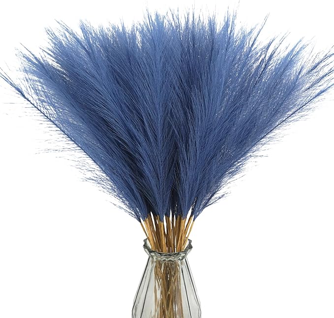 50pcs Faux Pampas Grass, 21.6" Short Artificial Pompous Grass Floral Fake Pompas Grass Branches Vase Filler Flower Arrangement for Home Wedding Boho Decor, Blue