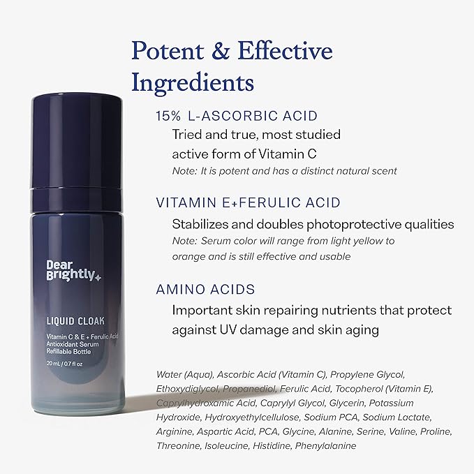 Vitamin C Serum with Ferulic Acid and Vitamin E for Glowing Radiant Skin by Dear Brightly, Liquid Cloak Facial Serum for Sensitive Skin, Refillable Glass Bottle, 0.7 fl oz-GlimoraGlow