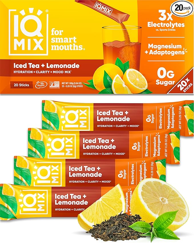 IQMIX Hydration Electrolyte Powder – 4-in-1 Formula for Hydration, Mental Clarity, Mood and Recovery – Sugar-Free Drink Mix, Keto, Magnesium L-Threonate, Lion’s Mane – 20 Count New Iced Tea Lemonade-GlimoraGlow