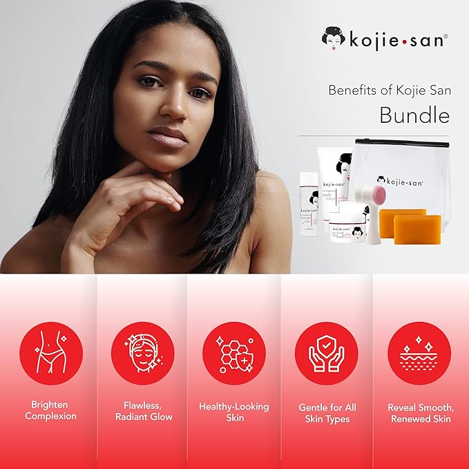 Kojie San Face & Body Shower Set - The Original Kojic Acid Soap that Reduces Visibility of Dark Spots, Hyperpigmentation, and Other types of Skin Damage – 135g x 2 Bars with Lotion, Cream and Toner-GlimoraGlow