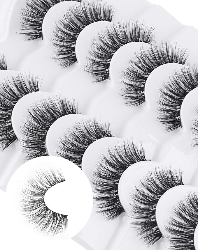 Lashes Wispy False Eyelashes Natural Look Fluffy Mink Lashes Doll Eyelashes Thick Faux Mink Eyelashes C Curl Fake Lashes 14MM 7 Pairs-GlimoraGlow