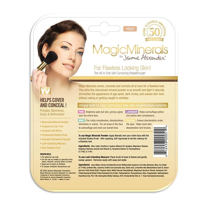 Jerome Alexander MagicMinerals Pressed Mineral Powder Set with Mirror Compact, Extending Lash Mascara, Professional Stubby Brush & Blending Sponge (Medium)-GlimoraGlow