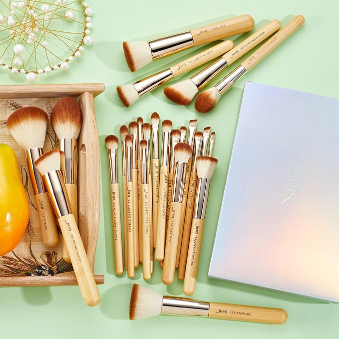 Jessup Professional Bamboo Makeup Brushes, Premium Synthetic Foundation Powder Concealer Blush Highlight Eye Blending Cosmetic Brush Set 25pcs T135-GlimoraGlow