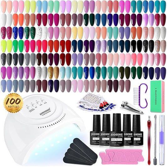JODSONE 100 PCS Gel Nail Polish Starter Kit with U V Light 95 Colors Macarons Combined with Dark Colors Nail Gel No Wipe Base Coat Top Matte Coat Long Lasting Shine-GlimoraGlow