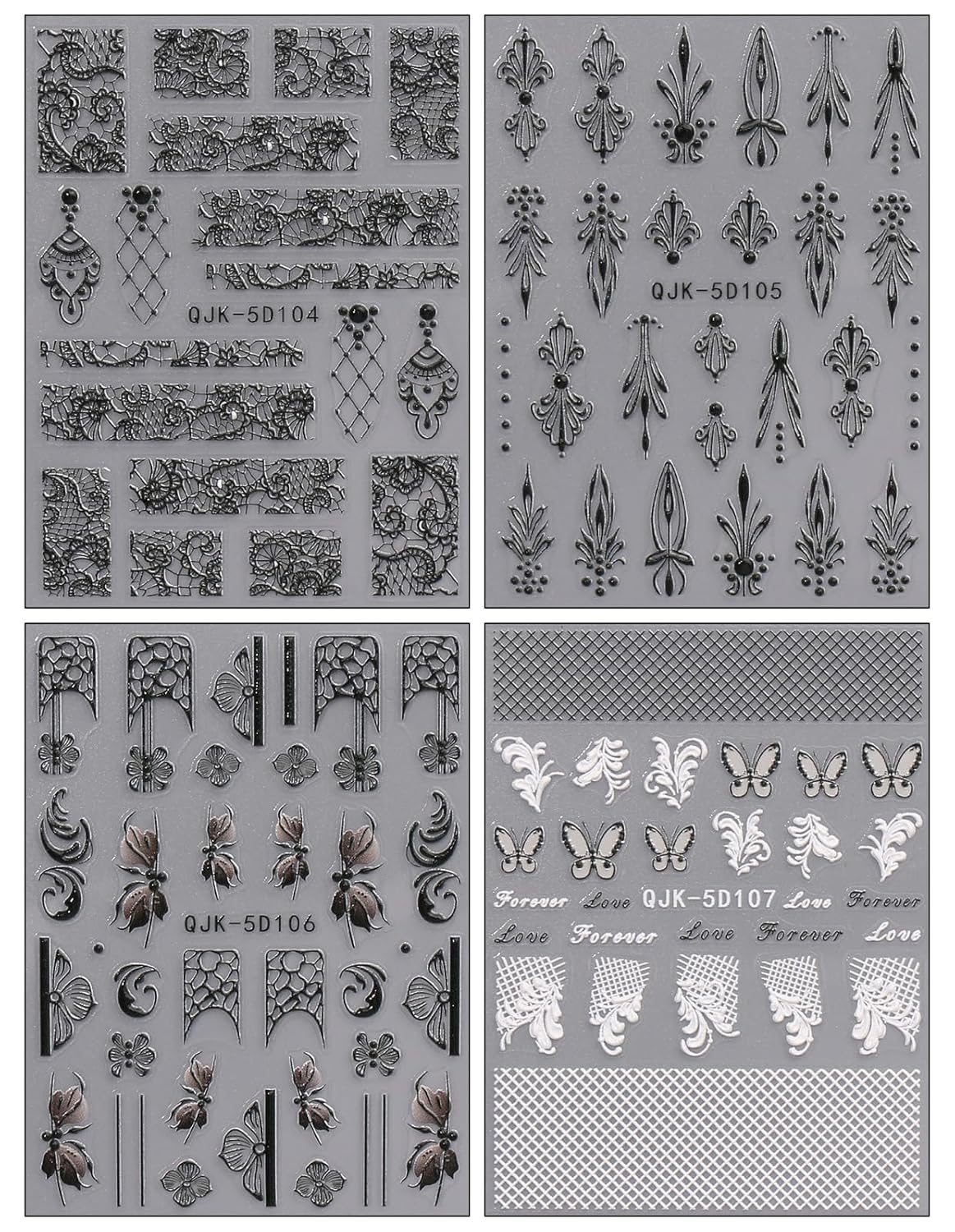 JMEOWIO 3D Embossed Black White Flower Nail Art Stickers Decals Self-Adhesive Pegatinas Uñas 5D Leaves Lace Nail Supplies Nail Art Design Decoration Accessories 4 Sheets-GlimoraGlow