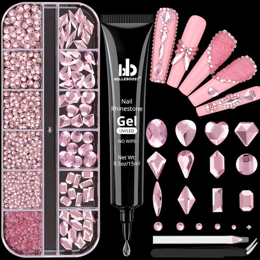 2060Pcs Pink Glass Nail Rhinestones 60Pcs Multi Shapes Flatback Nail Gems + 2000Pcs 1.5-4mm Round Crystal with Rhinestones Glue Gel, Manicure Nail Charms Diamond Gemstones for Nail Art-GlimoraGlow