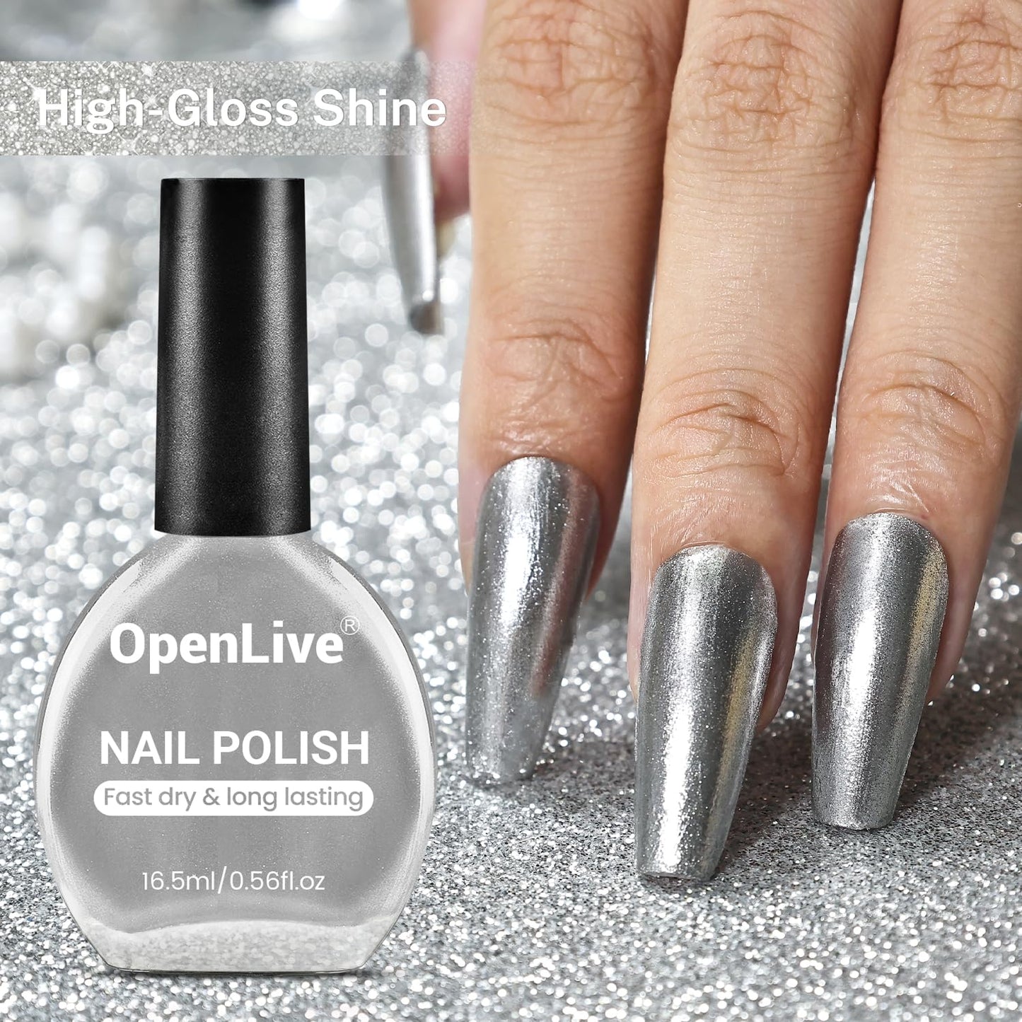 16.5ml Glitter Silver Nail Polish Large Volume Quick Dry Nail Polish, Long Lasting Shine, Fingernail Toenail Nail Art DIY Home Travel Nail Art Gift-GlimoraGlow