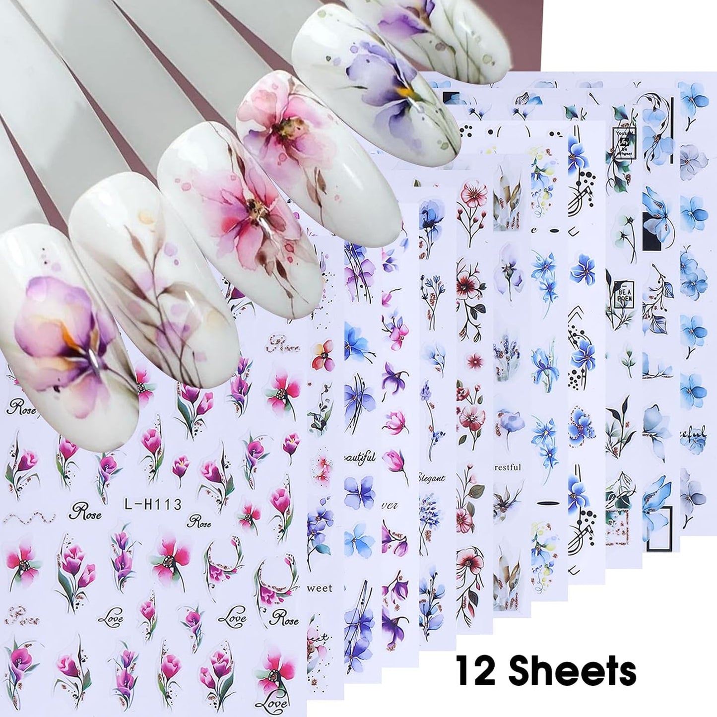 Ink Flower Nail Art Stickers 12 Sheets 3D Self-Adhesive Nail Decals with Tweezers Watercolor Floral Leaves Stickers Charming Blossom Flowers Designs Nail Art Supplies Manicure Accessories for Women-GlimoraGlow