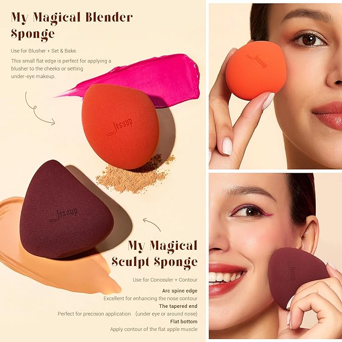 Jessup Face Makeup Brushes with Makeup Sponge, 3pcs Double Ended Makeup Brush for Foundation Contour Blush Highlight and Concealer Brush, Premium Synthetic Brush Set with Gift Box, T510-GlimoraGlow