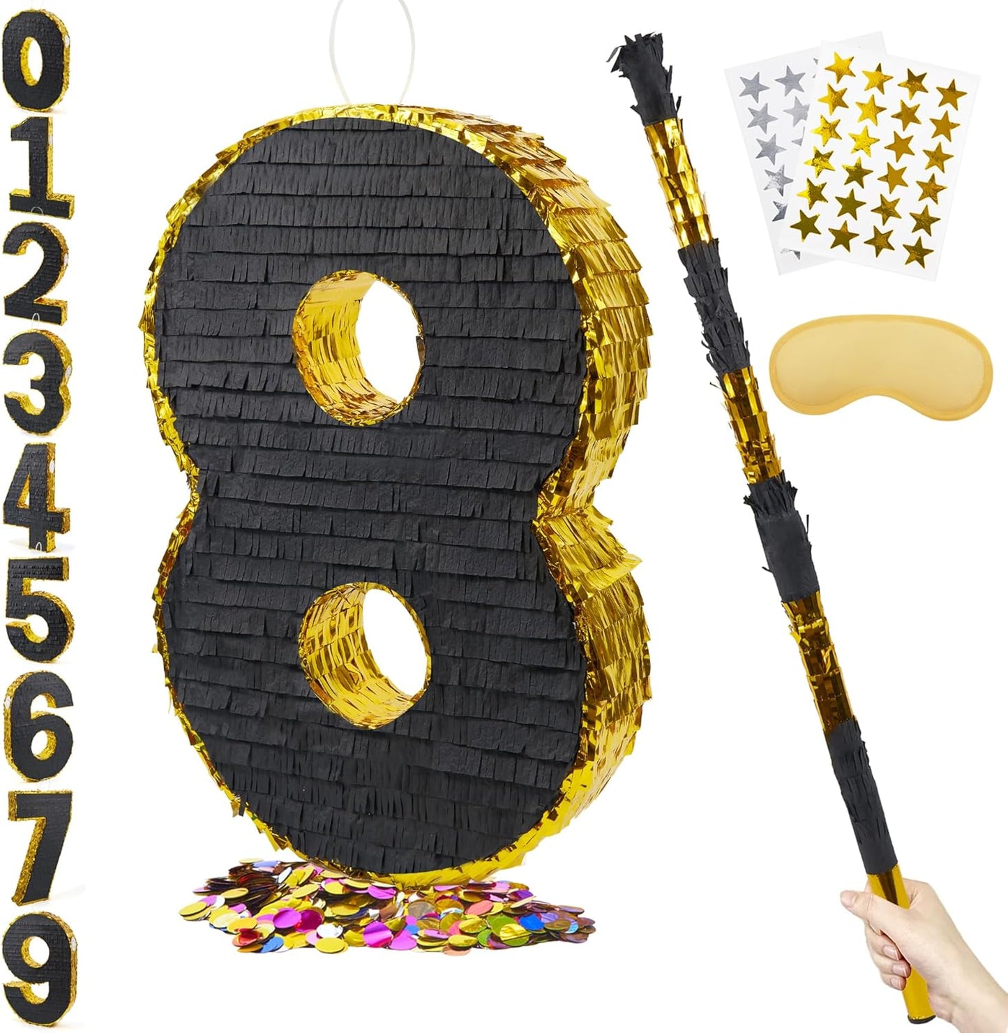 PCFING 20 Inch Number 8 Piñata Gold Black with 30 Inch Piñata Stick Blindfold Confetti for Man Women Boys Girls Birthday Party Decorations, Anniversary Celebration, Fiesta