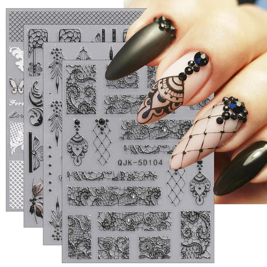 JMEOWIO 3D Embossed Black White Flower Nail Art Stickers Decals Self-Adhesive Pegatinas Uñas 5D Leaves Lace Nail Supplies Nail Art Design Decoration Accessories 4 Sheets-GlimoraGlow