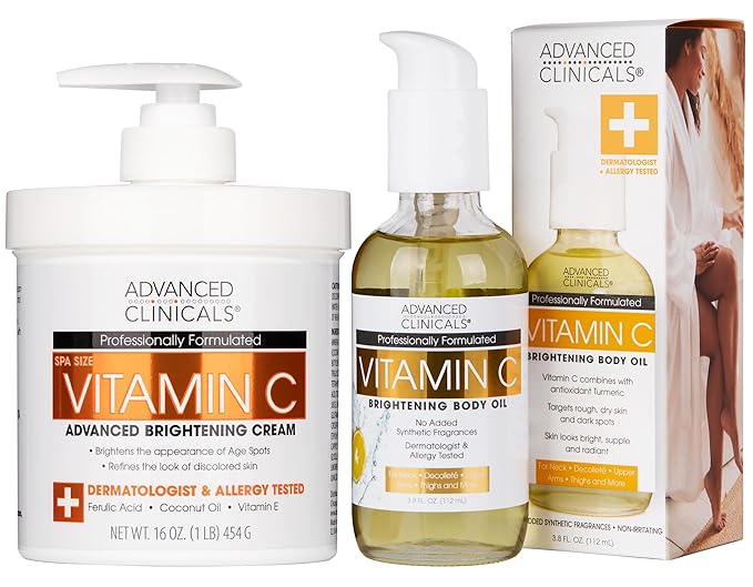 Advanced Clinicals Brightening Vitamin C Cream Moisturizer + Vitamin C Body Oil 2pc Skincare Set | Nourishing, Brightening, & Hydrating Body Oil & Body Lotion To Improve Appearance Of Dark Spots, 2pc-GlimoraGlow