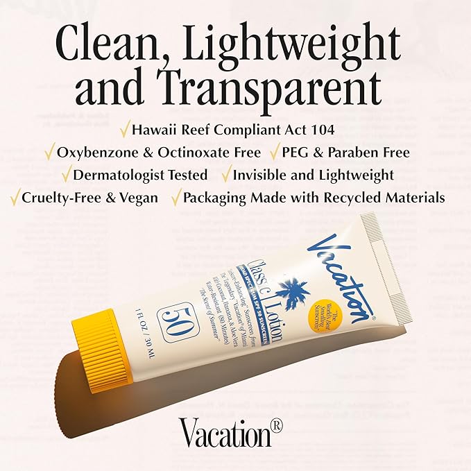 Vacation Mini Classic Lotion SPF 50, Water-Resistant, Mini Sunscreen Bulk Party Favor, Beach Must Haves, Traveling Essentials, Suntan Lotion Travel Size, 1 Fl. Oz. (Value Pack of 12)-GlimoraGlow