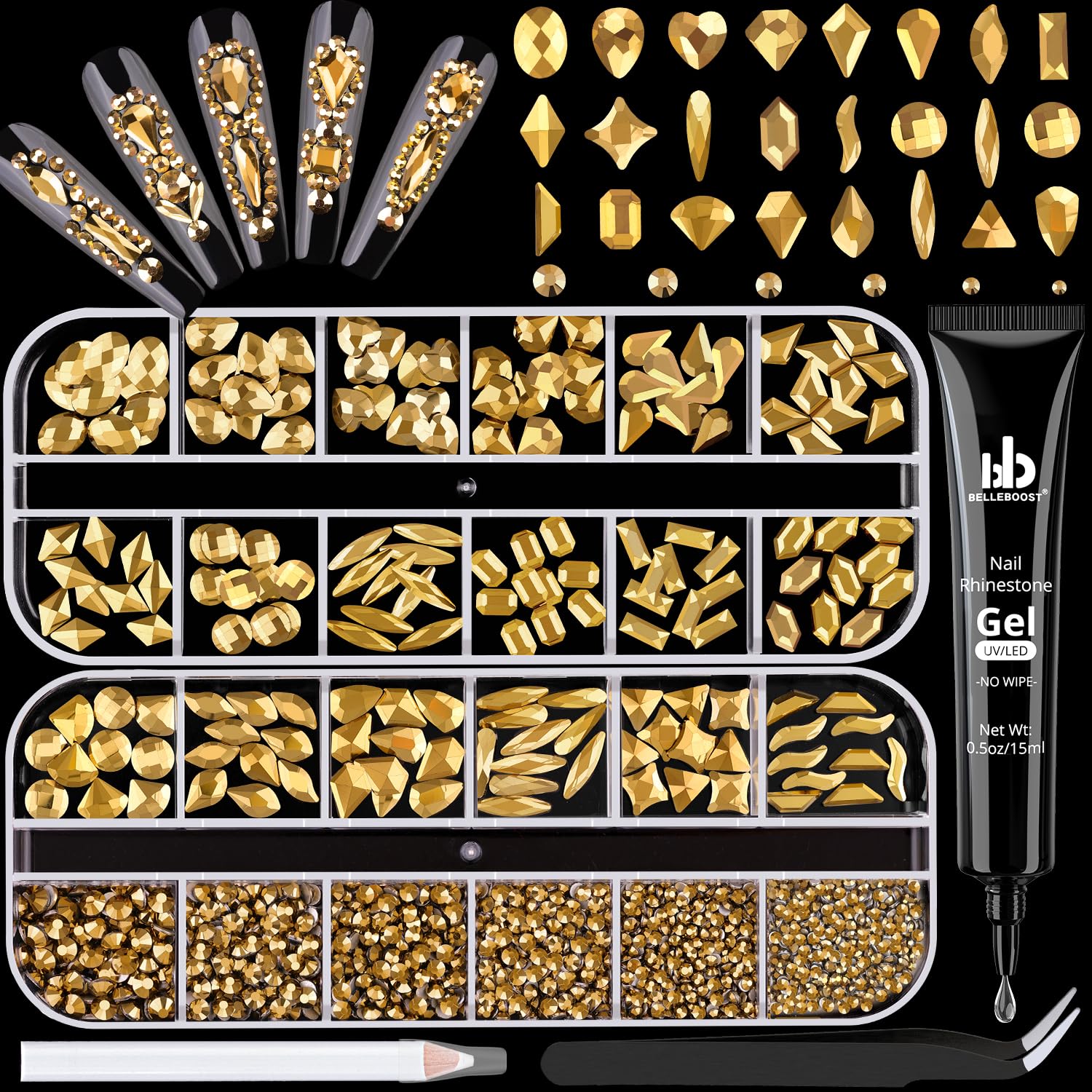 1680Pcs Mineral Gold Glass Nail Rhinestones 180Pcs Multi Shapes Flatback Nail Gems + 1500Pcs 1.5-4mm Round Crystal with Rhinestones Glue Gel, Manicure Nail Charms Diamond Gemstone for Nail Art-GlimoraGlow