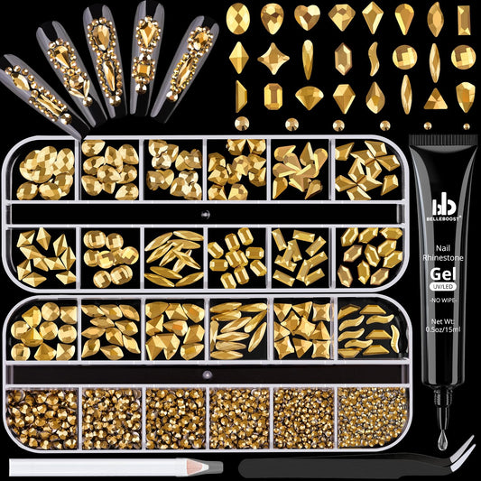 1680Pcs Mineral Gold Glass Nail Rhinestones 180Pcs Multi Shapes Flatback Nail Gems + 1500Pcs 1.5-4mm Round Crystal with Rhinestones Glue Gel, Manicure Nail Charms Diamond Gemstone for Nail Art-GlimoraGlow