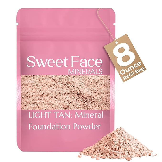 (8 Ounce) (Light Tan) Foundation Powder Refill By Sweet Face Minerals, Lightweight Mineral Loose Makeup Powder with SPF 20, Full Coverage Flawless Finish, Talc-free, Cruelty-Free, Refillable Pouch-GlimoraGlow
