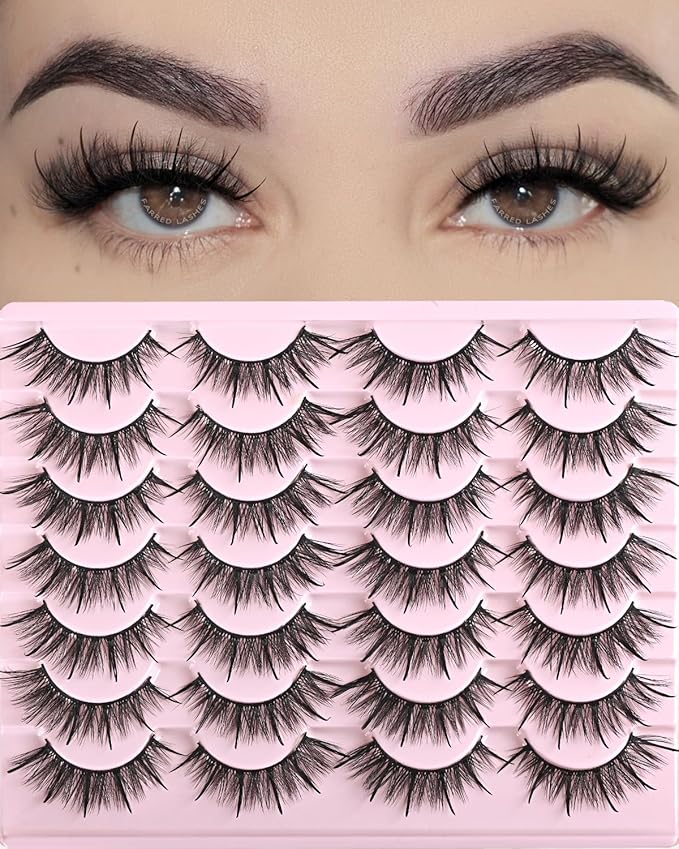 FARRED Wispy Lashes Hybrid Mink Eyelashes 14 Pairs Short Cat Eye Natural Fluffy False Eyelashes Faux Mink Strip Eye Lashes Pack for Daily Makeup (F17 | 8-16 mm)-GlimoraGlow