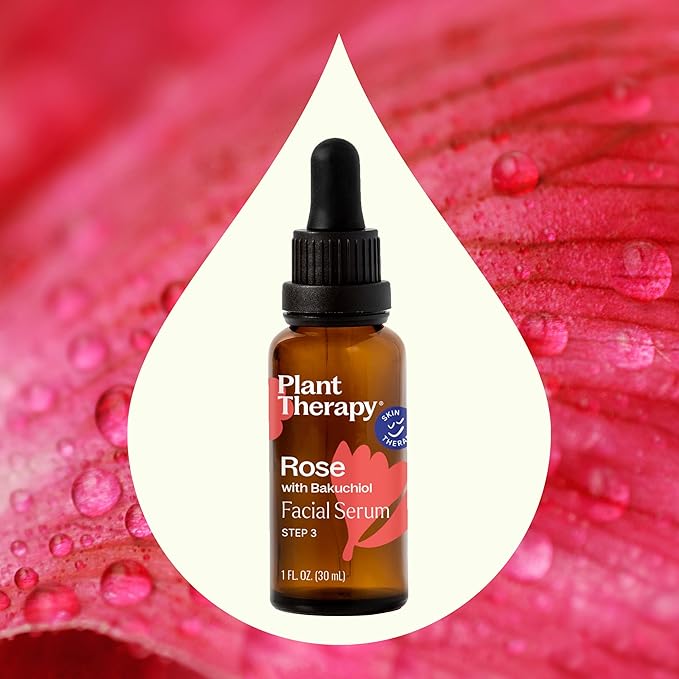 Plant Therapy Rose with Bakuchiol Facial Serum 1 oz with Rose Extract, Rosehip Seed Oil, and Carrot Seed Oil, Reduces the Appearance of Fine Lines & Wrinkles-GlimoraGlow
