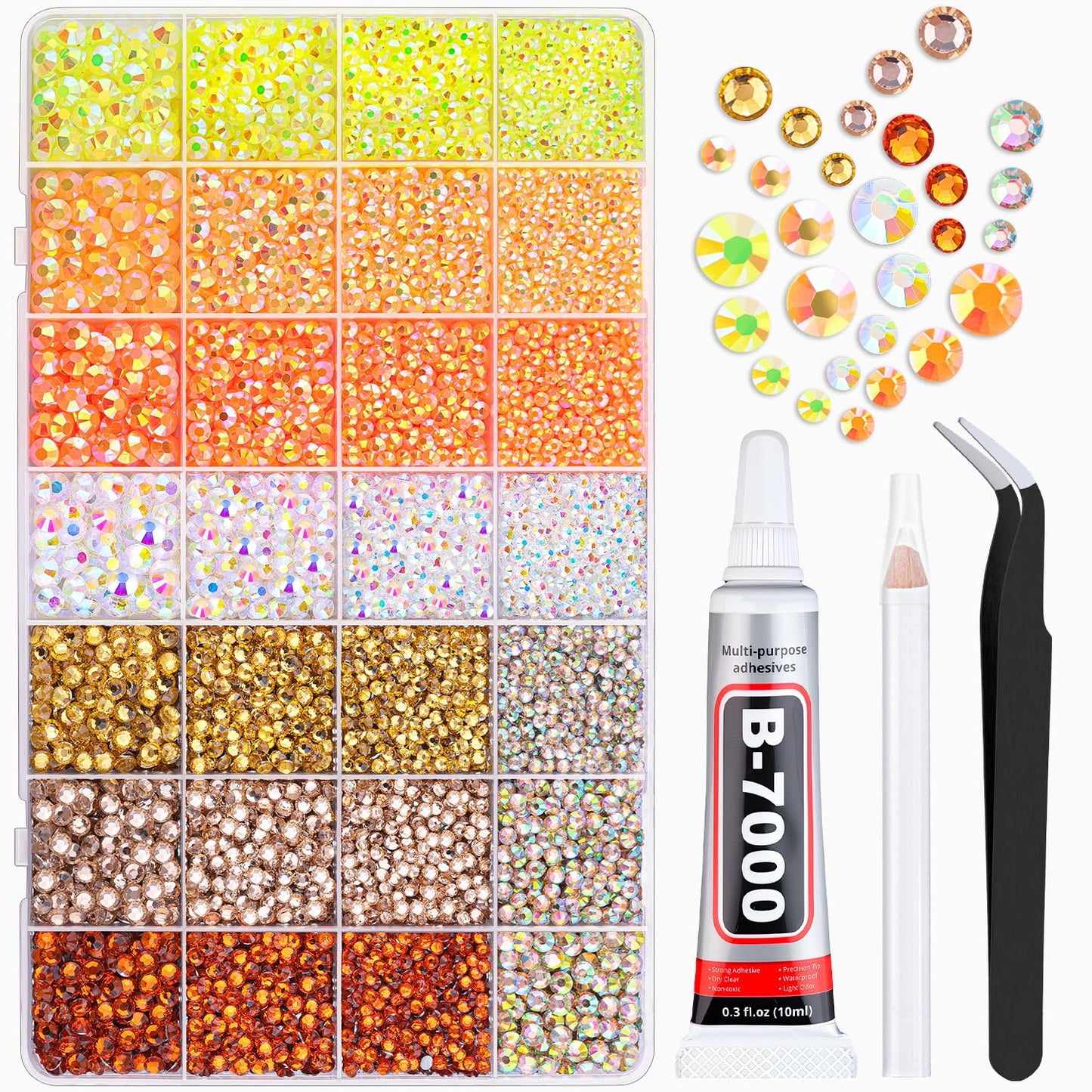 20000Pcs Yellow Rhinestones for Bedazzling with 1Pcs B7000 Jewelry Glue, Resin Rhinestones for Crafting Crafts DIY, Bedazzler Kit Gems for Clothing Shoes Tumblers Nail Art Assorted Size 3/4/5/6mm-GlimoraGlow