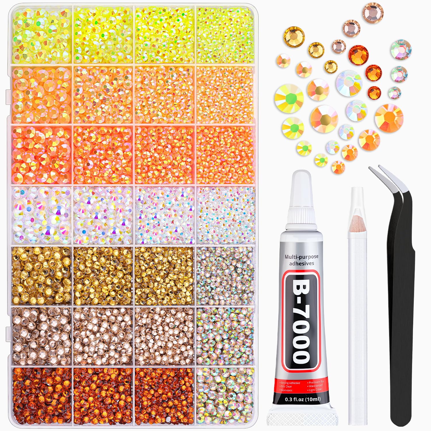 20000Pcs Yellow Rhinestones for Bedazzling with 1Pcs B7000 Jewelry Glue, Resin Rhinestones for Crafting Crafts DIY, Bedazzler Kit Gems for Clothing Shoes Tumblers Nail Art Assorted Size 3/4/5/6mm-GlimoraGlow