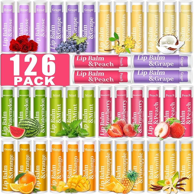 126 Pcs Lip Balm Bulk, 12 Flavored Pack of Lip Balms Natural Lip Balm Pack Moisturising Organic Lip Balm Set for Cracked Lips, Bulk Gifts Stocking Stuffers Party Favors(4.2g/0.15oz)-GlimoraGlow