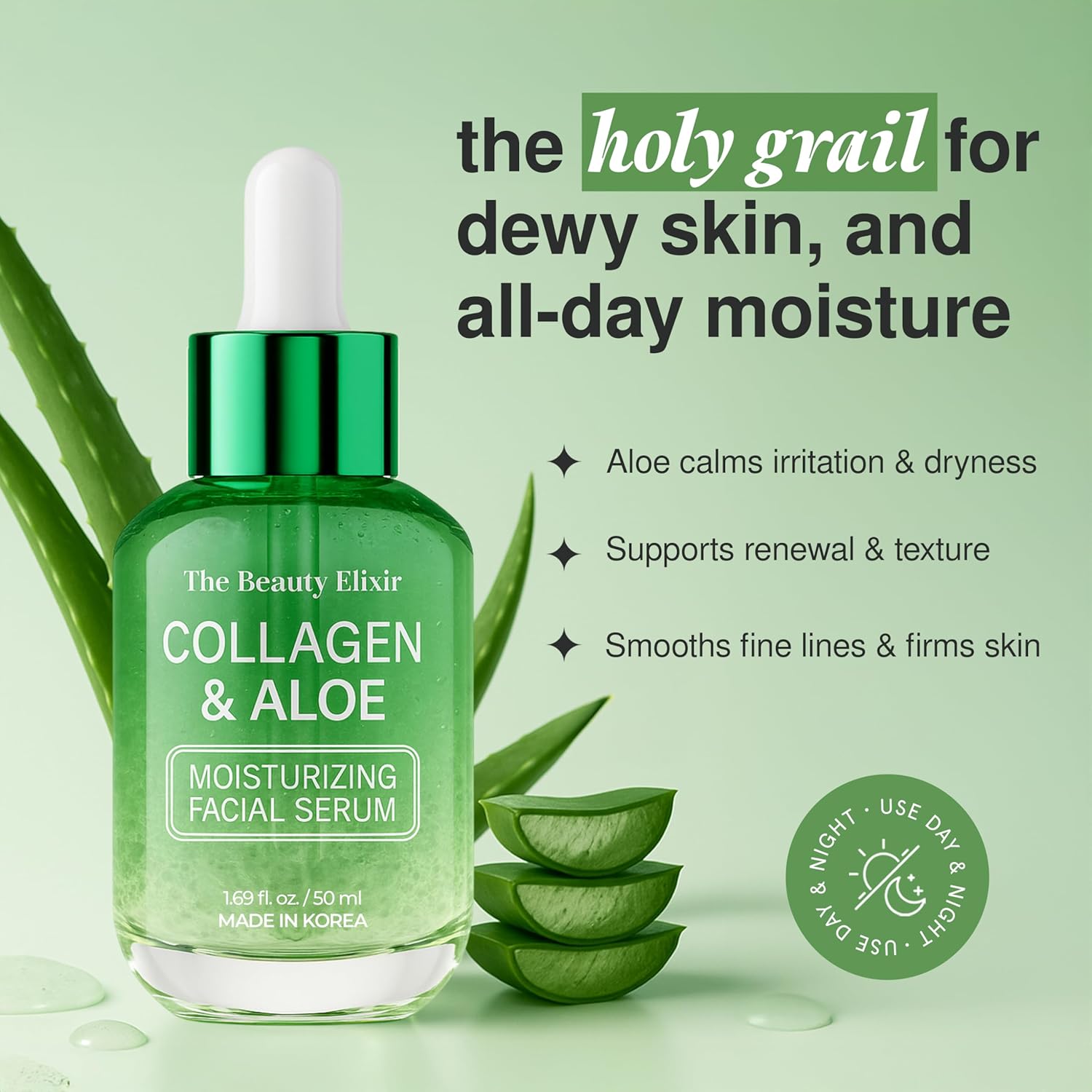 Aloe & Collagen Serum For Face - Dermatologist Tested, Anti-Aging, Ultra Hydrating Aloe Vera Gel For Face - Natural Ingredients, Clean Beauty, Cruelty-Free Korean Skin Care - 1.69 oz-GlimoraGlow