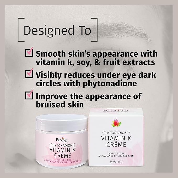 Reviva Labs Vitamin K Crème for Bruising, Under-Eye Dark Circles, and Wrinkles with Soybean Oil and Natural Fruit Extracts - 2 Oz, for Skin and Face-GlimoraGlow