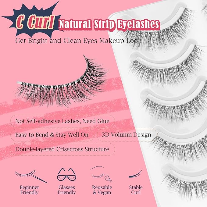 Natural Lashes Wispy Eyelashes 11MM Short Eye Lashes Pack 3D Volume Strip Lash Pack False Eyelashes Natural Look 7 Pair Siligli-GlimoraGlow
