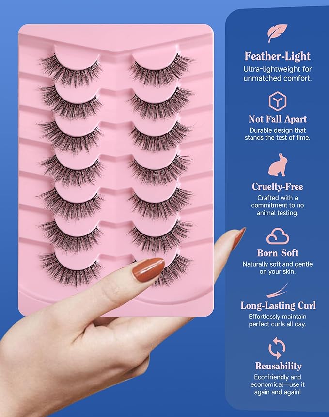 Natural Lashes Wispy False Eyelashes Strip Flared Natural Look Eyelash CatEye Lash Soft Lashes Fluffy Mink Eyelash Pack 7 Pairs 16MM D76-GlimoraGlow