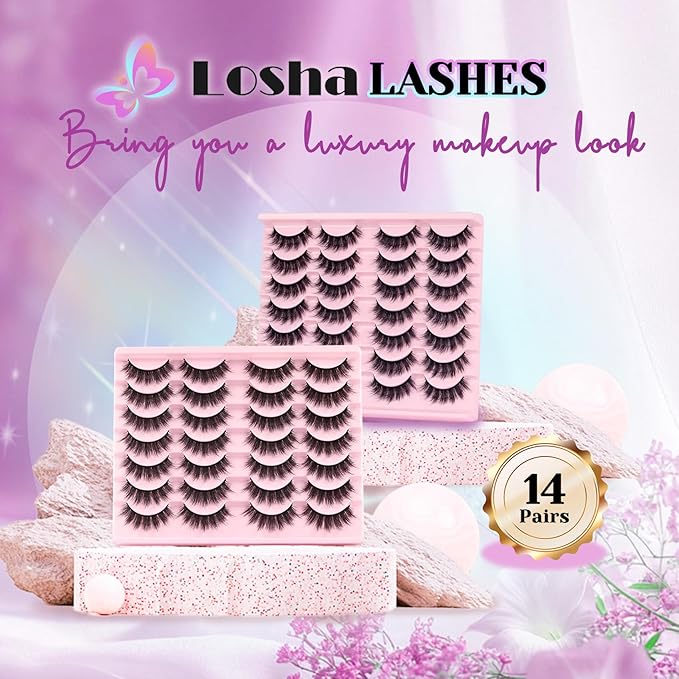 Losha Lashes Fluffy False Eyelashes 5D Volume Eye Lashes 14 Pairs Vegan Fake Eyelashes Soft Faux Mink Lashes Pack (Thrives Only)-GlimoraGlow